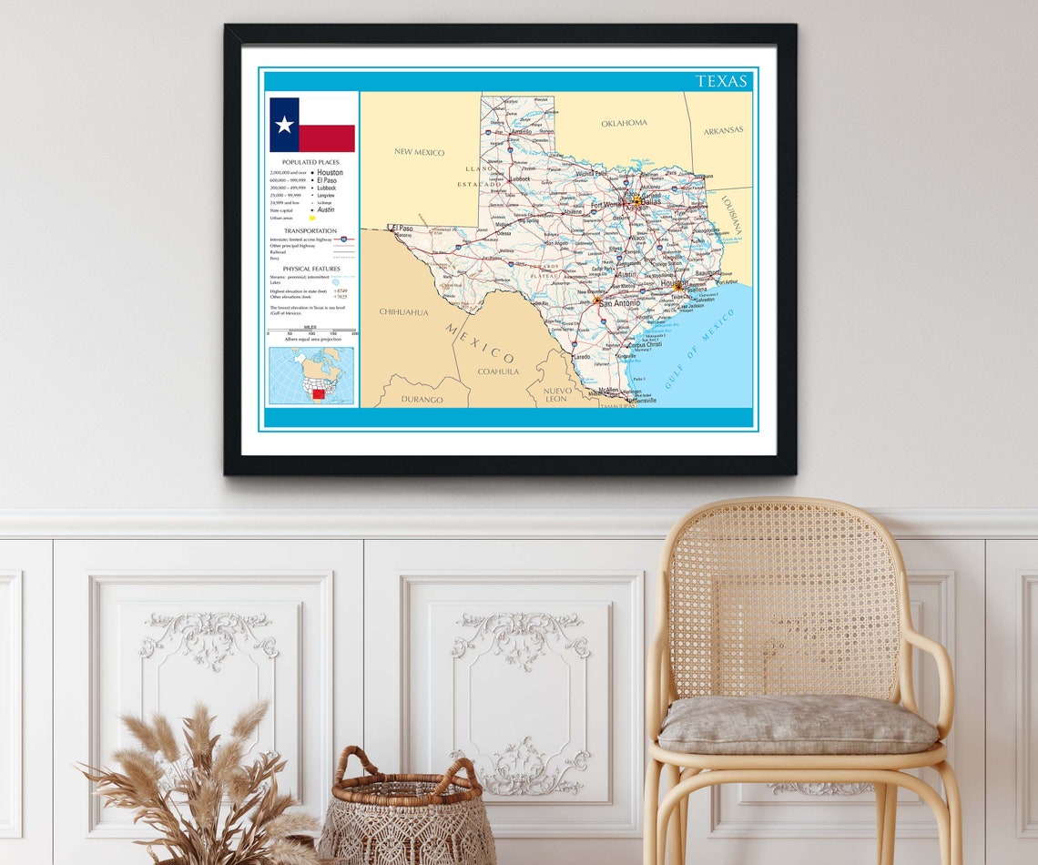 Carte du Texas Carte détaillée de lÉtat du Texas Géographie Etsy France
