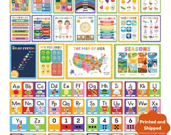 Set Of 34 Kids Educational Posters, Alphabet Posters,Playroom prints,Montessori Classroom Decor,Education Learning Posters, Teachers Tool