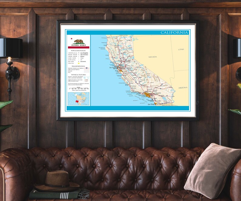 California Map Poster / Detailed Map of California Wall Map Home Wall