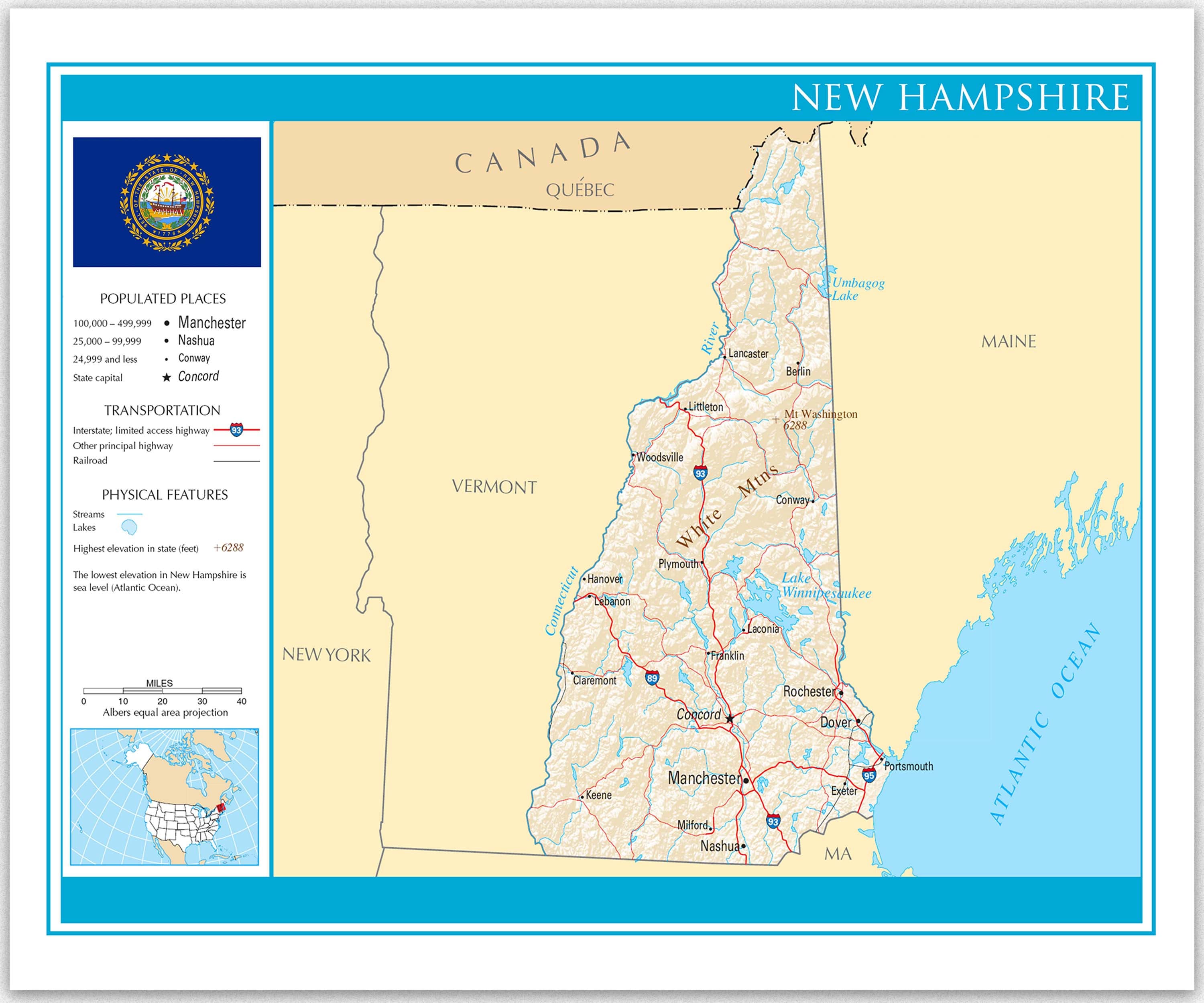 New Hampshire State Map Atlas Map of United States Easy Finder Maps for Classroom Decor & Home