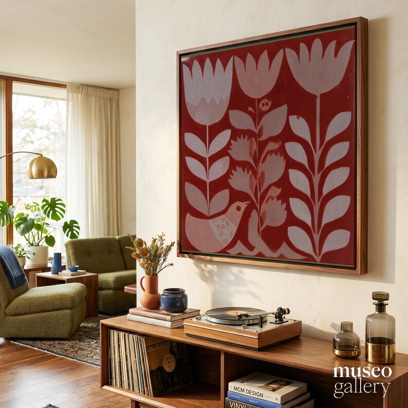 Red Tulip Square Canvas | Folk Bird Among Tulips Cream Wall Art - Etsy ...