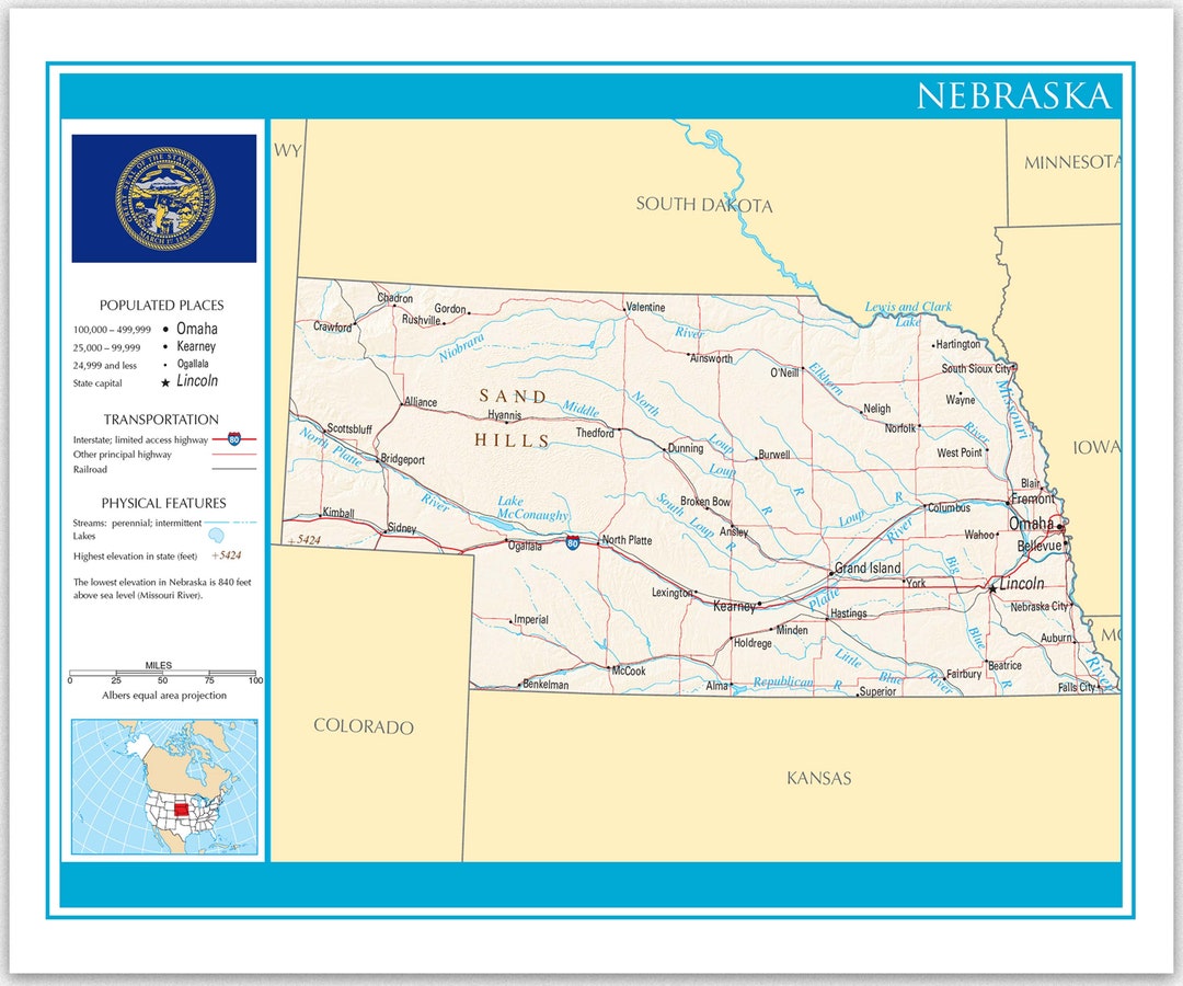 Nebraska Atlas Map Wall Art Decor Map of the United States Poster