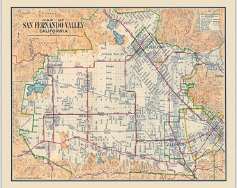 Map of San Fernando Valley California Los Angeles County Vintage Wall Art Burbank Walt Disney Studios Wall Art City of Los Angeles