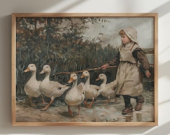 ART PRINT | Young Girl Walk with Ducks Painting Poster | Vintage Nursery Decor | Vintage Nursery Wall Art | Antique Nursery | Nursery Poster