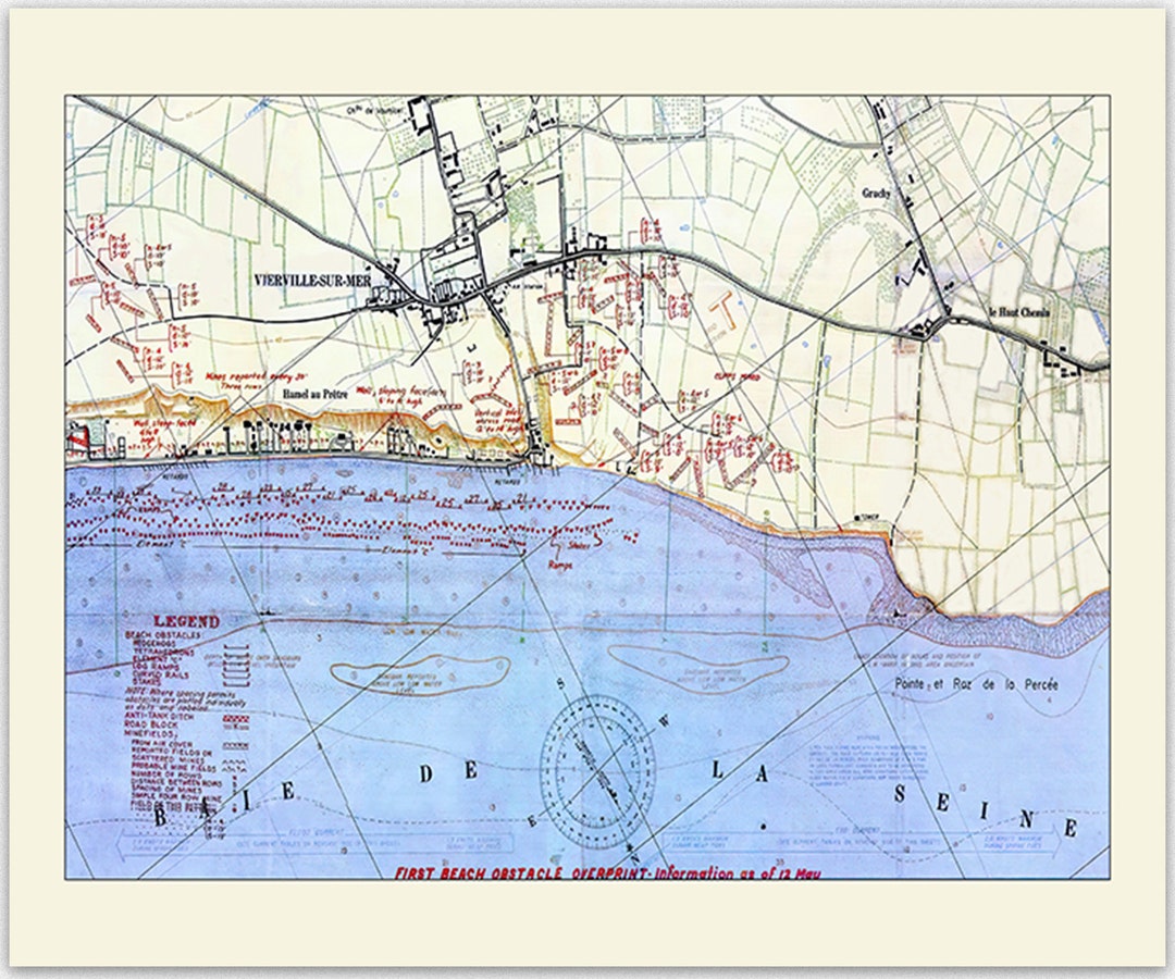 Omaha Beach West Map WWII Dday Normandy Landings Vintage Style Wall