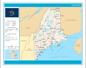 United States Map Decor - Maine Atlas of World Art Map Poster | Map of Maine University Wall Decor Gift Ideas | United States Map Print