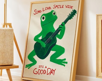 Cheerful Frog with Guitar – Playful Green Animal Illustration Print – Framed and Wrapped Canvas