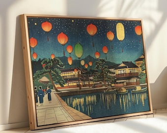 Japanese Lantern Festival by the Waterfront – Vibrant Evening Ukiyo-e Scene – Framed and Wrapped Canvas