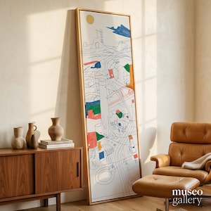 May include: A tall, rectangular framed wall art piece featuring a white background with abstract line drawings of industrial structures and landscapes in blue, red, green, and orange, topped with a single yellow circle representing a sun.