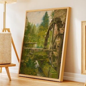 Old Watermill by the Stream – Rustic Landscape Painting – Framed and Wrapped Canvas
