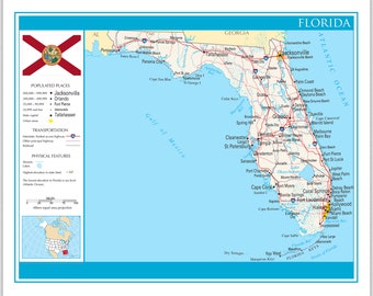 Map of Florida State Wall Art / Home Decor Map of Florida, Map of Florida Picture Gift Posters for Travel Lovers Wall Art