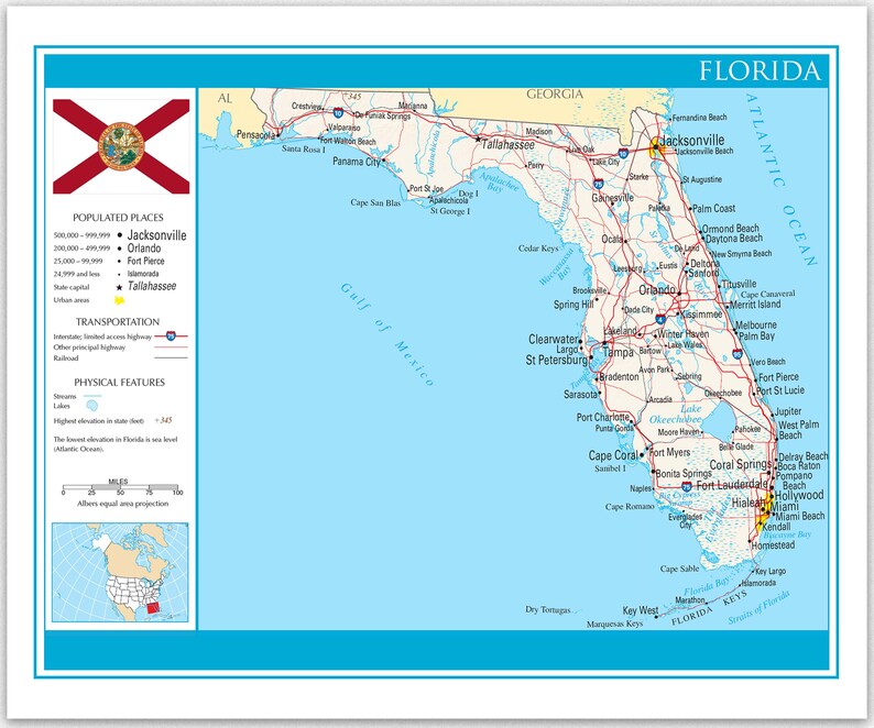 Map of Florida State Wall Art / Home Decor Map of Florida, Map of