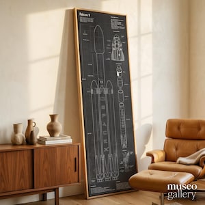 May include: A tall, rectangular framed wall art piece featuring a technical blueprint of the Falcon 9 rocket on a dark gray background. The white line drawing displays the rocket structure, engine details, and text labels including SpaceX.