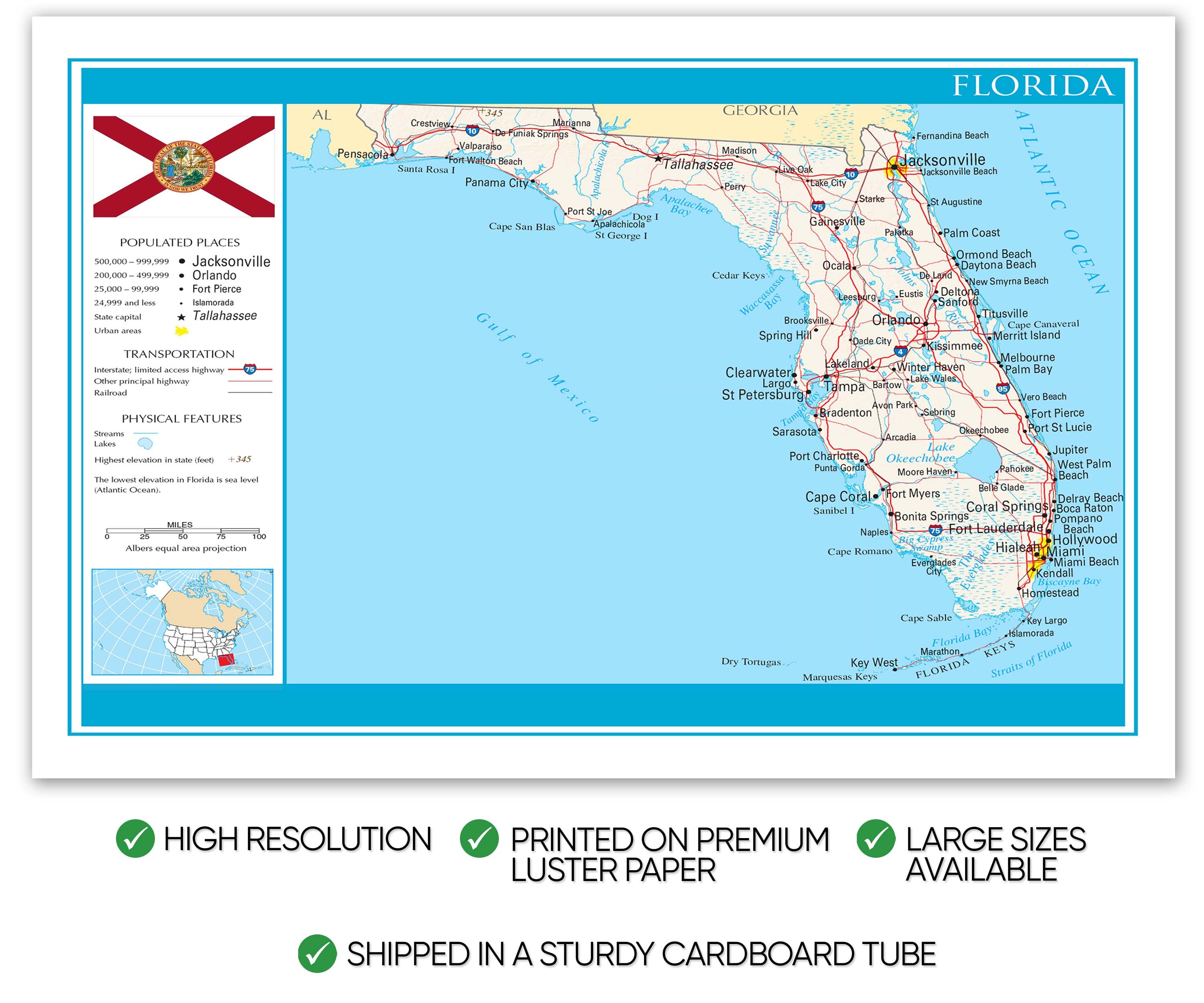 Map of Florida State Wall Art / Home Decor Map of Florida, Map of