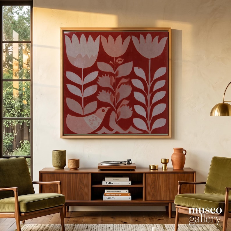Red Tulip Square Canvas | Folk Bird Among Tulips Cream Wall Art - Etsy ...