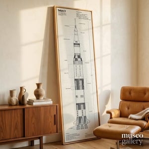Könnte beinhalten: Ein hoher, rechteckiger gerahmter Druck mit einer technischen Blaupause der Saturn V-Rakete in schwarzer Tinte auf hellbeigem Hintergrund. Das Diagramm enthält detaillierte Beschriftungen, Bauteilhinweise sowie den Text Saturn V und USA.