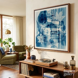 Cyanotype Botanical Composition Square Canvas | Blue Abstract Nature Wall Art