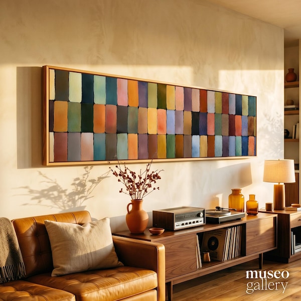 Rounded Blocks Panoramic Canvas | Mosaic Multi Tone Wall Art | Modern Grid Pattern Decor