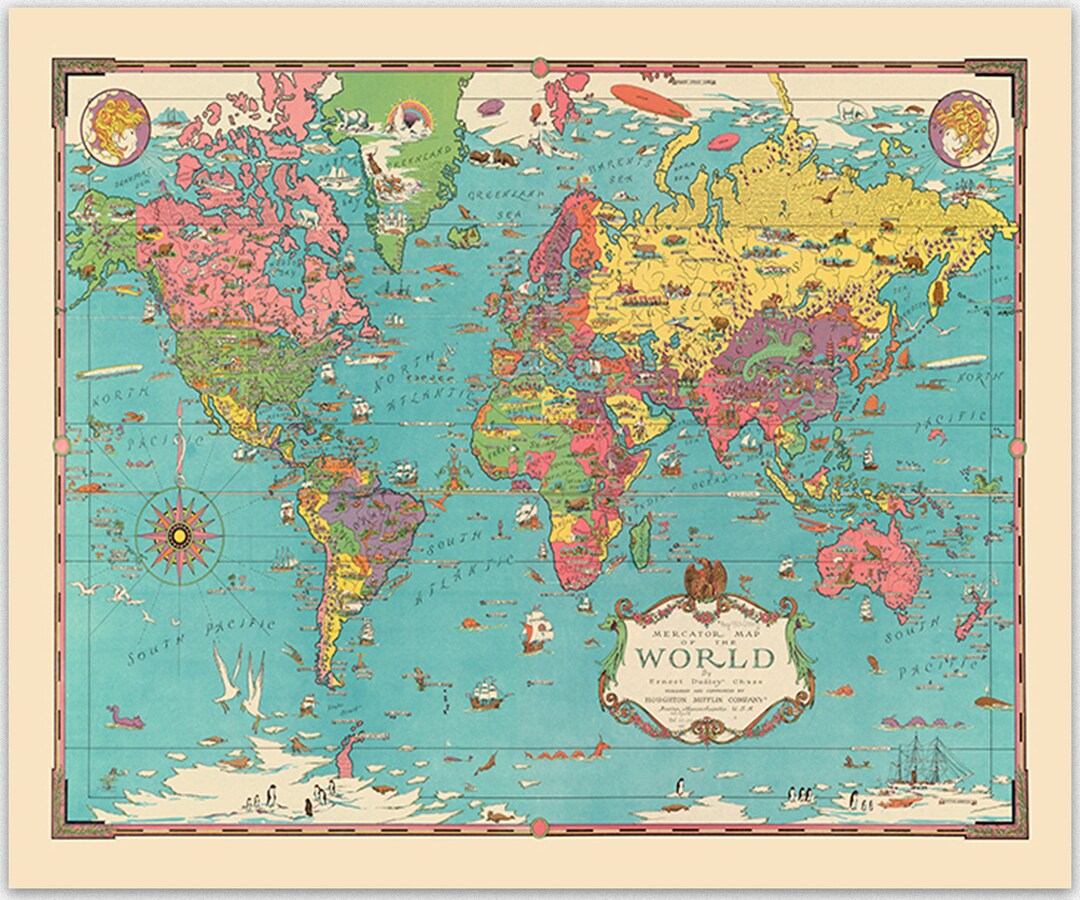 Mercator Map of the World Gerardus Mercator Vintage Wall Map Wall Art