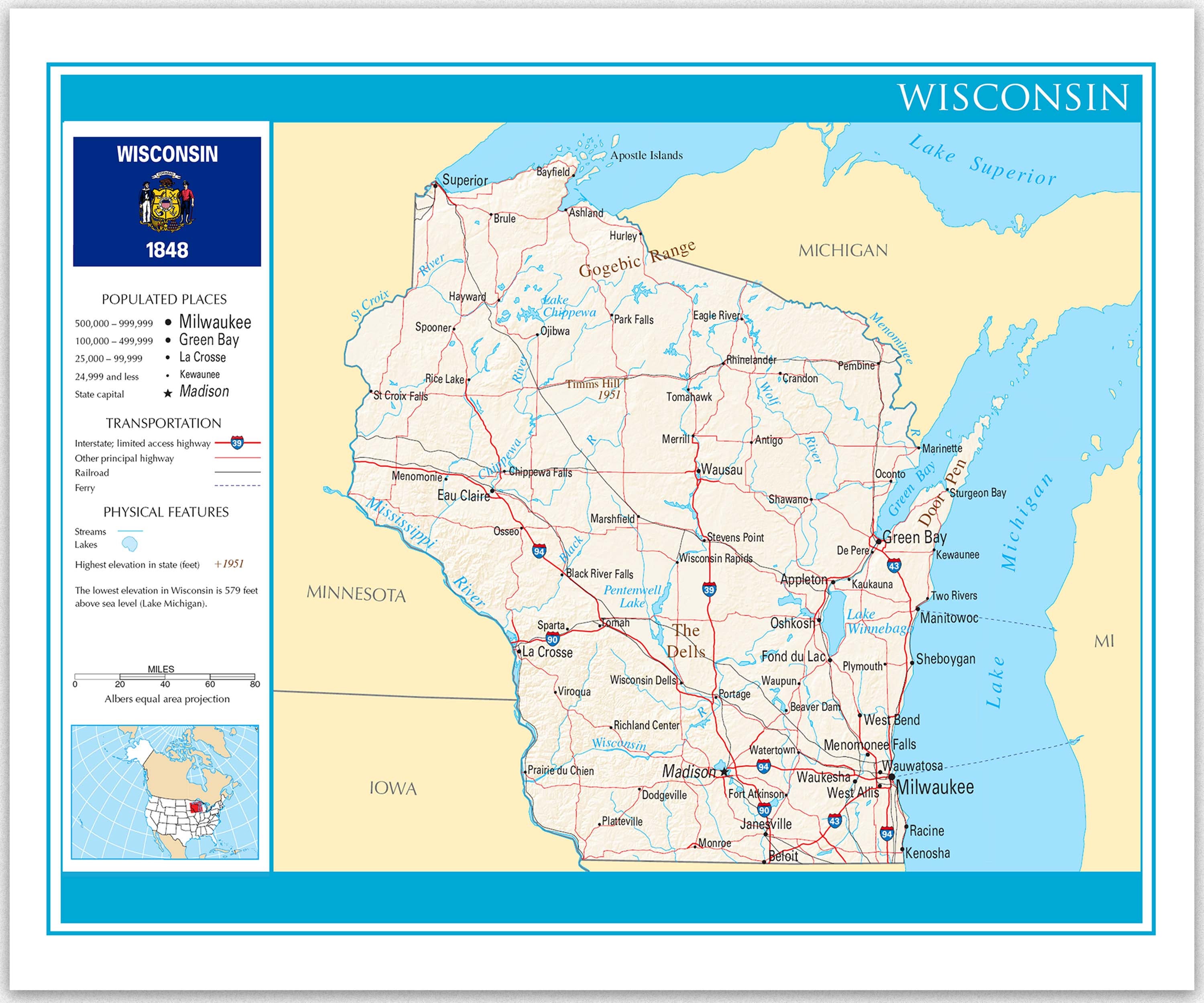 Wisconsin Map Detailed Map of Wisconsin State Wisconsin Geography Wall