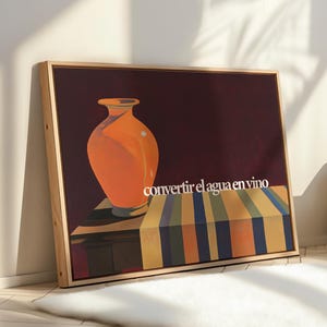 Orange Still Life Jar Art Canvas – Bold Ceramic Vase and Striped Tablecloth – Framed and Wrapped Canvas