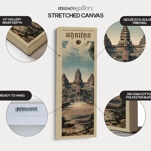 Pu&ograve; includere: Una stampa su tela tesa verticale con un'illustrazione di Angkor Wat e testo in khmer. Il prodotto presenta una profondit&agrave; di galleria di 3,17 cm, stampa gicl&eacute;e eco-solvente, un misto cotone-poliestere da 350 g/m&sup2; e un gancio per appenderlo.