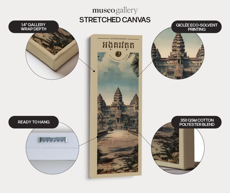 Pu&ograve; includere: Una stampa su tela tesa verticale con un'illustrazione di Angkor Wat e testo in khmer. Il prodotto presenta una profondit&agrave; di galleria di 3,17 cm, stampa gicl&eacute;e eco-solvente, un misto cotone-poliestere da 350 g/m&sup2; e un gancio per appenderlo.