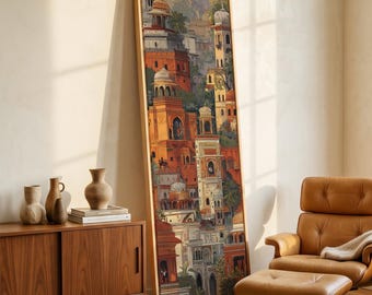 Paesaggio urbano Mughal su tela verticale / Quadro con architettura storica del Rajasthan / Decorazione tradizionale indiana