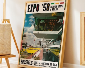 Retro Futuristic City Poster – Vintage Brussels World Expo Wall Art – Framed and Wrapped Canvas