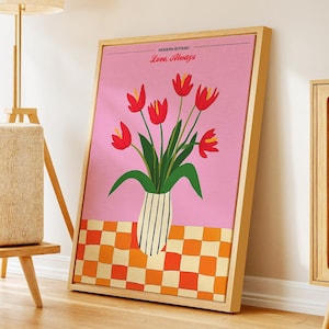 Red Tulip Vase Canvas Art: Playful Floral Print on Pink - Framed