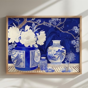 Lámina artística de porcelana azul y blanca: Bodegón con peonías en jarrón chino (chinoiserie) – Póster, marco e impresión en lienzo