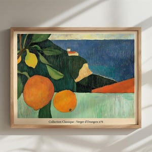 Orange Obstgarten Küste Kunstdruck – Mediterrane Zitruslandschaft Wandbild – Poster, Leinwanddruck und gerahmt