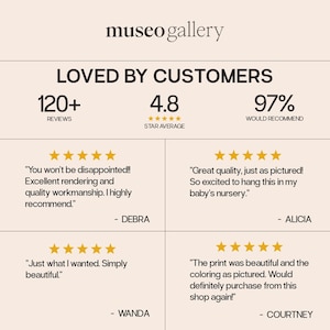 Pu&ograve; includere: Un grafico delle recensioni dei clienti per museo gallery con il testo LOVED BY CUSTOMERS, 120+ REVIEWS, 4.8 STAR AVERAGE e 97% WOULD RECOMMEND. Mostra quattro recensioni a cinque stelle di Debra, Alicia, Wanda e Courtney con le testimonianze.