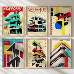 Brutalist Architecture Poster Set – Retro Modernist Bauform Wall Art Prints – Poster, Framed, and Canvas Print