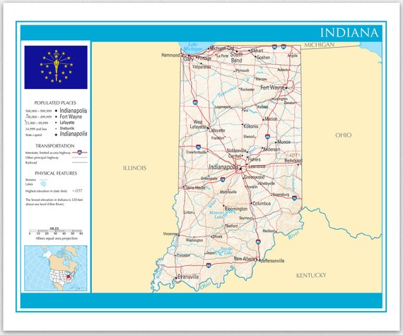 Indiana State Map USA Map Wall Decor Travel Map of United States  Indianapolis Wall Map World Map States Teacher Posters USA Atlas 
