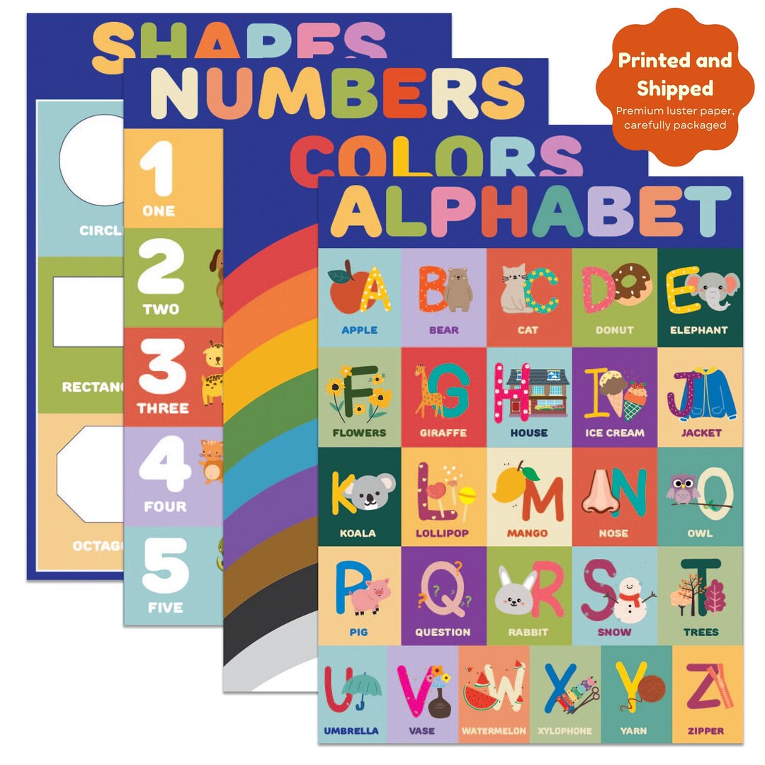 Educational Posters Set, Alphabet, Numbers, Shapes, Colors - Etsy Canada