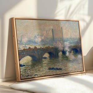Bridge Over Misty Water – Impressionist Cityscape with Morning Haze – Framed and Wrapped Canvas