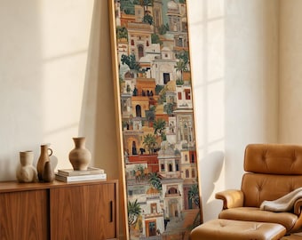 Tela verticale a tema urbano / Quadro con architettura tradizionale Haveli / Decorazione in stile Mughal