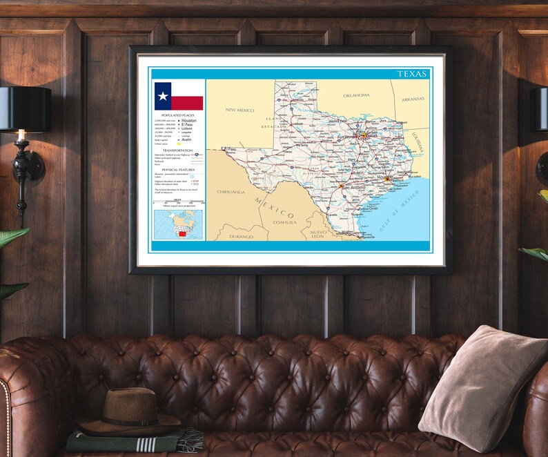 Carte du Texas Carte détaillée de lÉtat du Texas Géographie Etsy France