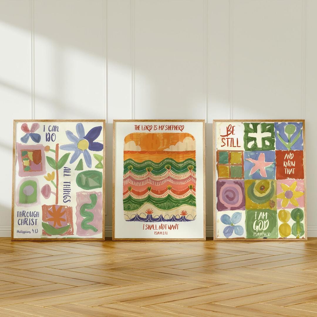Colorful Christian Art Print Set – Bible Verse Wall Decor in Floral Folk Style – Poster, Framed, and Canvas Print