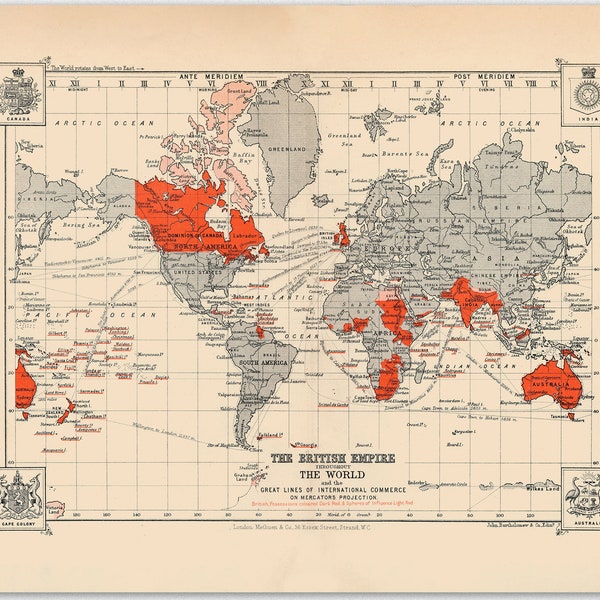 PJM 114 British Empire Map Colorful Wall Decor Vintage Style Wall Art P Marshall Map of British Empire Gift for Him