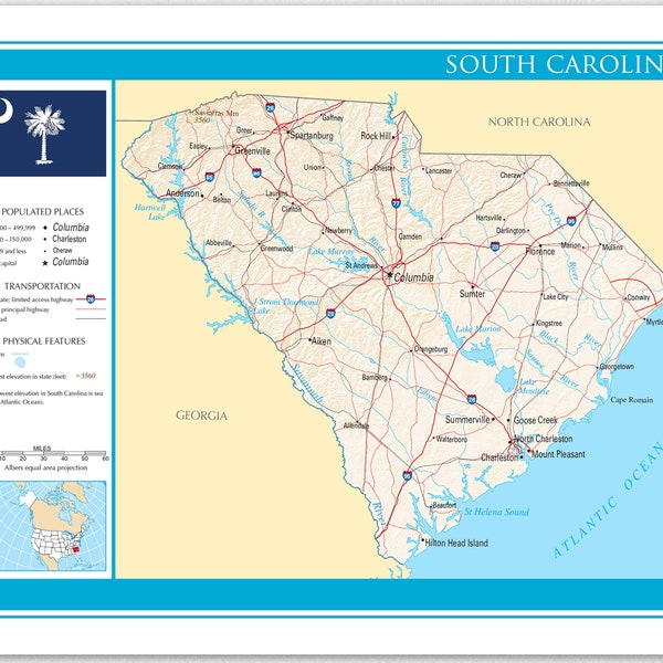 South Carolina Map Detailed Map of South Carolina State South Carolina Geography Wall Decor South Carolina Physical Map