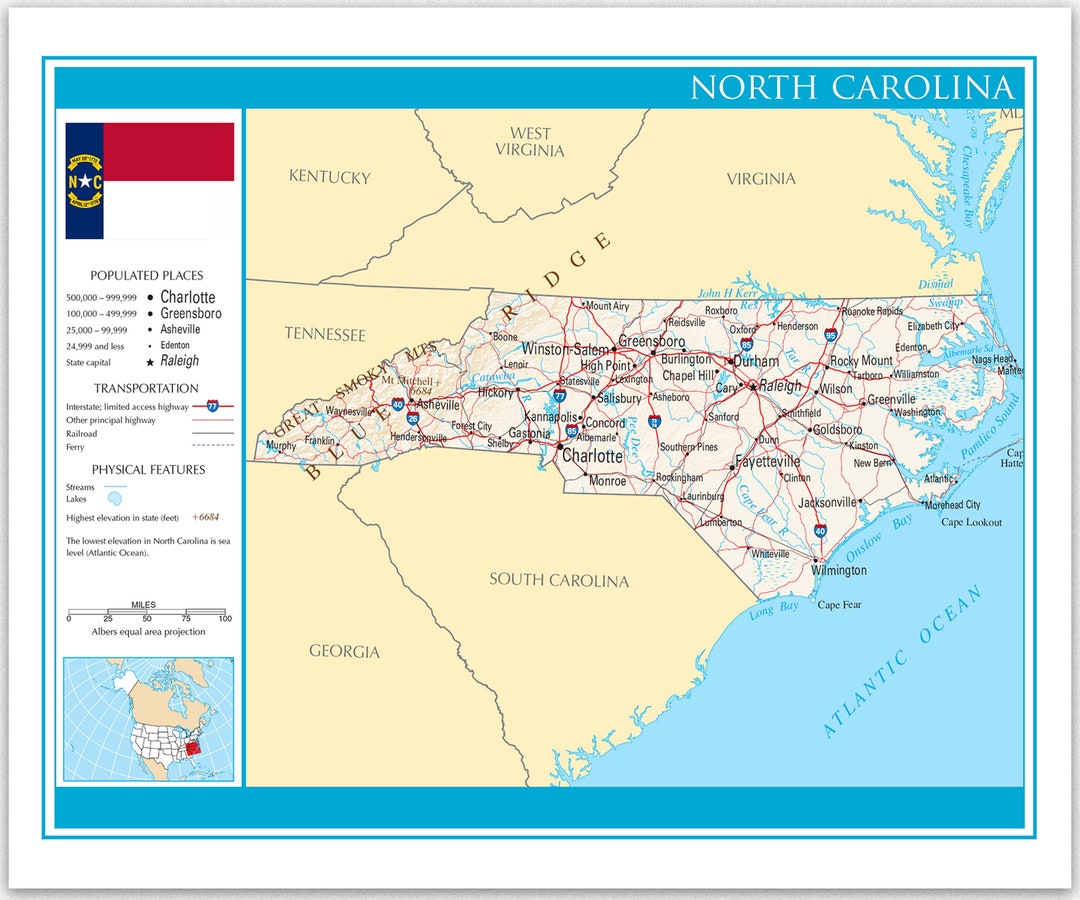 Map of United States North Carolina Poster USA Landmarks, Travel Map