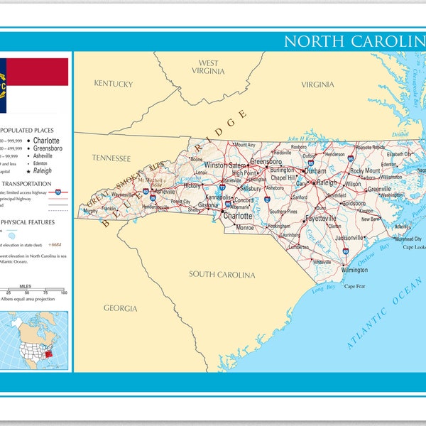 Map of United States - North Carolina Poster USA Landmarks, Travel Map Kit, Adventure Maps and Journal Gifts for Travelers US Atlas Road Map