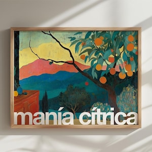 Stampa artistica di un agrumeto al tramonto – Poster da parete con paesaggio di frutteto spagnolo – Decorazione di frutta Manía Cítrica – Poster, stampa con cornice e stampa su tela