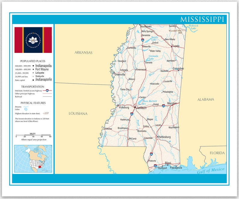 USA State Map Mississippi City Wall Poster Travelers Gift Decorative