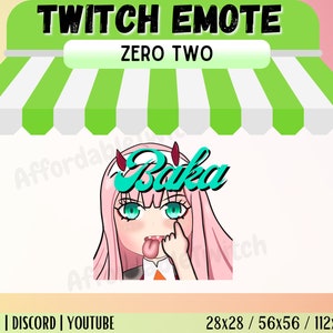 May include: A digital illustration of a pink-haired anime character with green eyes and a red devil horn. The character is sticking out their tongue and pointing at the viewer with their index finger. The text "Baka" is written in a turquoise font above the character's head. The text "TWITCH EMOTE ZERO TWO" is written in black text at the top of the image.