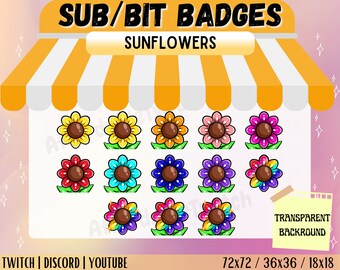 May include: A collection of colorful sunflower badges with a transparent background. The badges are in various colors, including yellow, orange, pink, and blue. The text "SUB/BIT BADGES" and "SUNFLOWERS" are displayed at the top. The image also includes the text "TRANSPARENT BACKGROUND" and size dimensions.