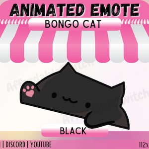 May include: Animated Twitch emote of a black cat playing the bongos. The cat is black with pink paws and a pink nose. The emote is 112x112 pixels.