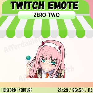 May include: A digital illustration of a pink-haired anime character with blue eyes, wearing a red and white uniform, holding a blue lollipop. The text "TWITCH EMOTE ZERO TWO" is above the character. The text "TWITCH | DISCORD | YOUTUBE" is below the character. The text "28x28 / 56x56 / 112x112 PX" is below the text.